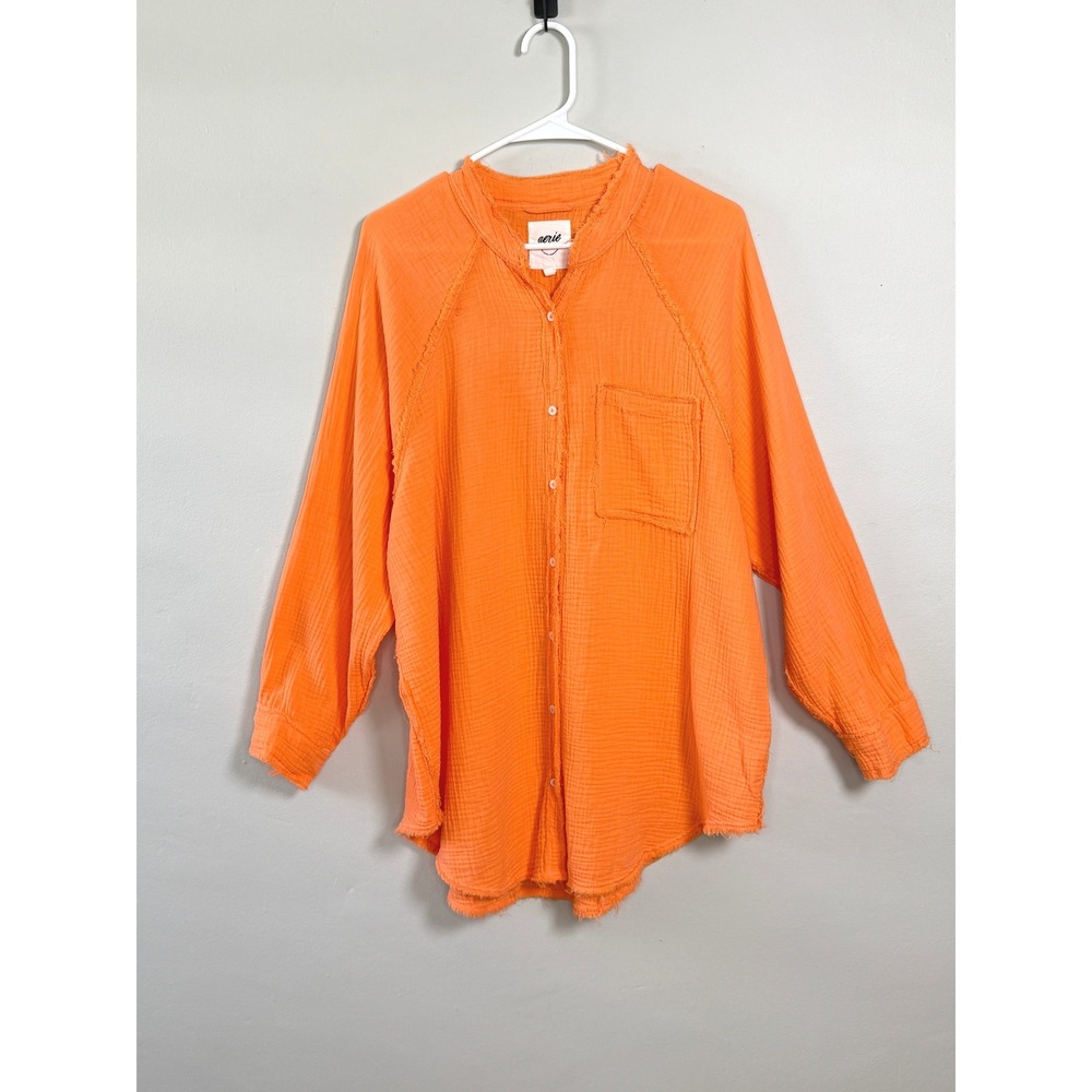Aerie Button Down Shirt Sz M Neon Orange Coastal Gauze Frayed Hem Coverup Beach